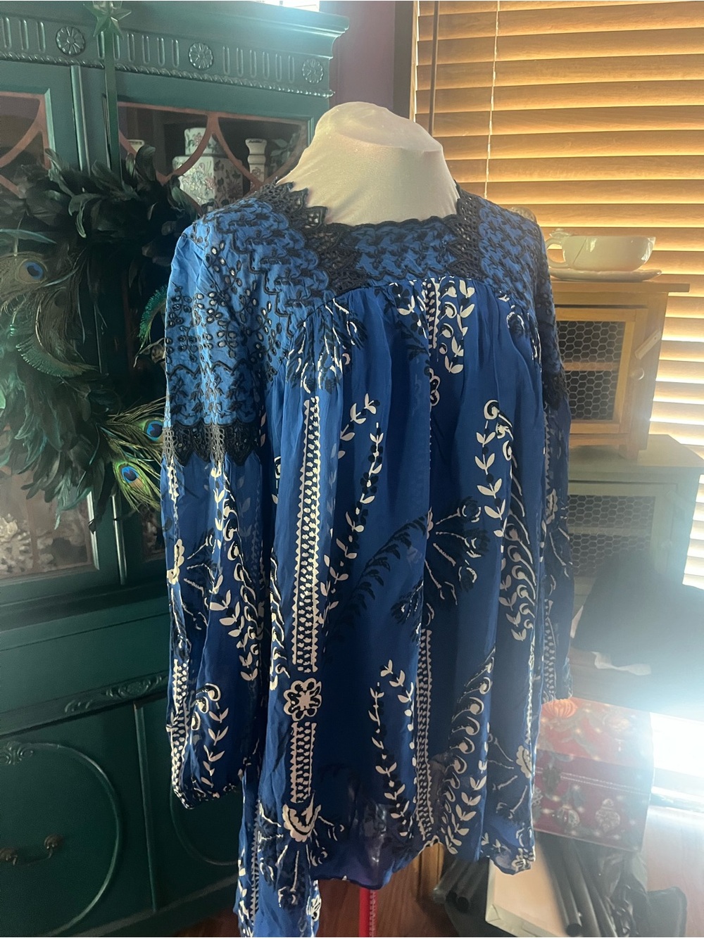 Anthropologie Blue Floral Boho Peasant tunic dress with Crochet Yoke